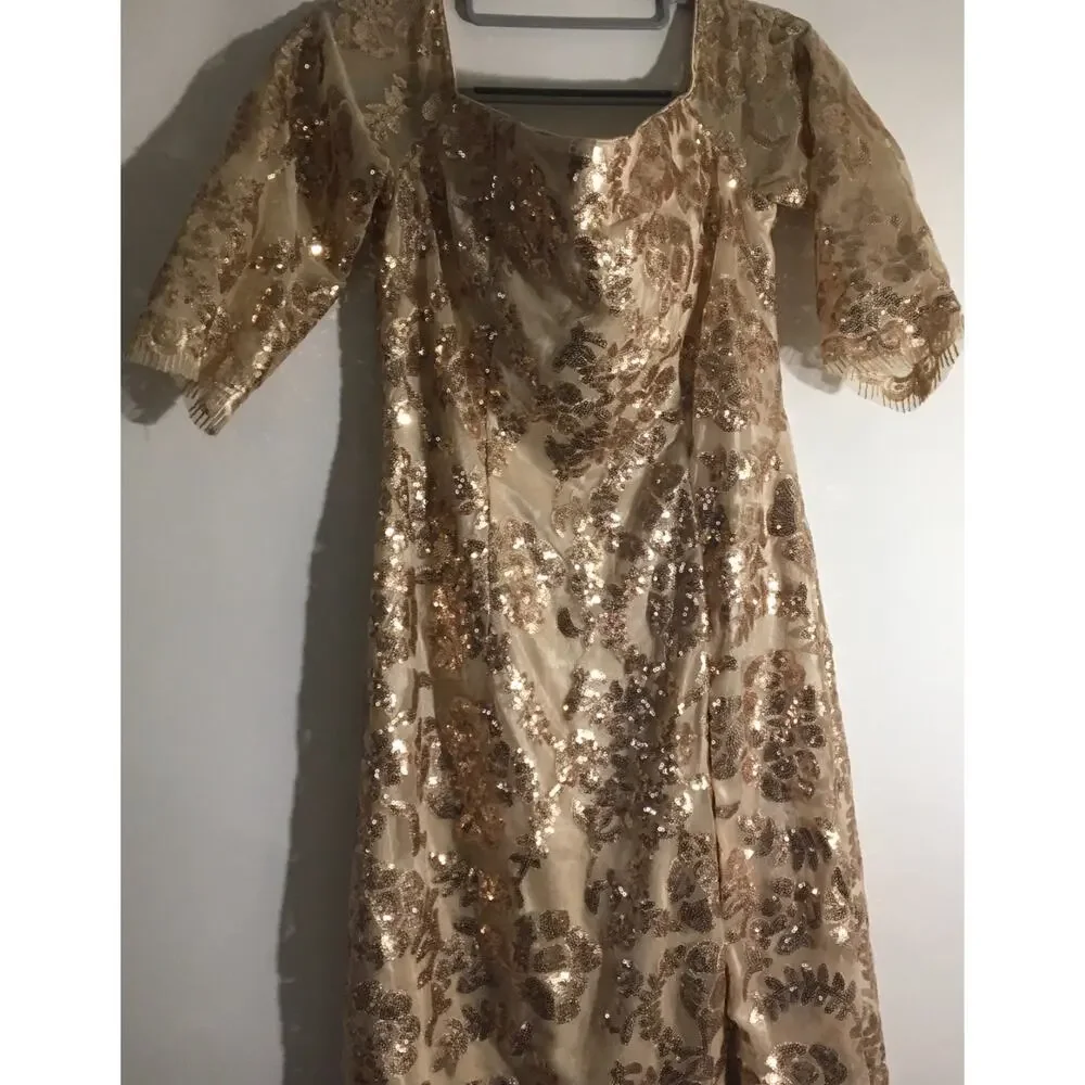 Neiman Marcus Women's Size Medium Beige Floral Sequin Square Neck Evening Dress - Picture 2 of 6